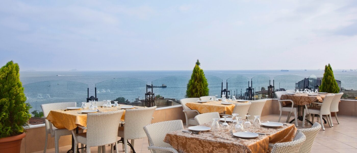 Rooftop buffet breakfast with Istanbul skyline view