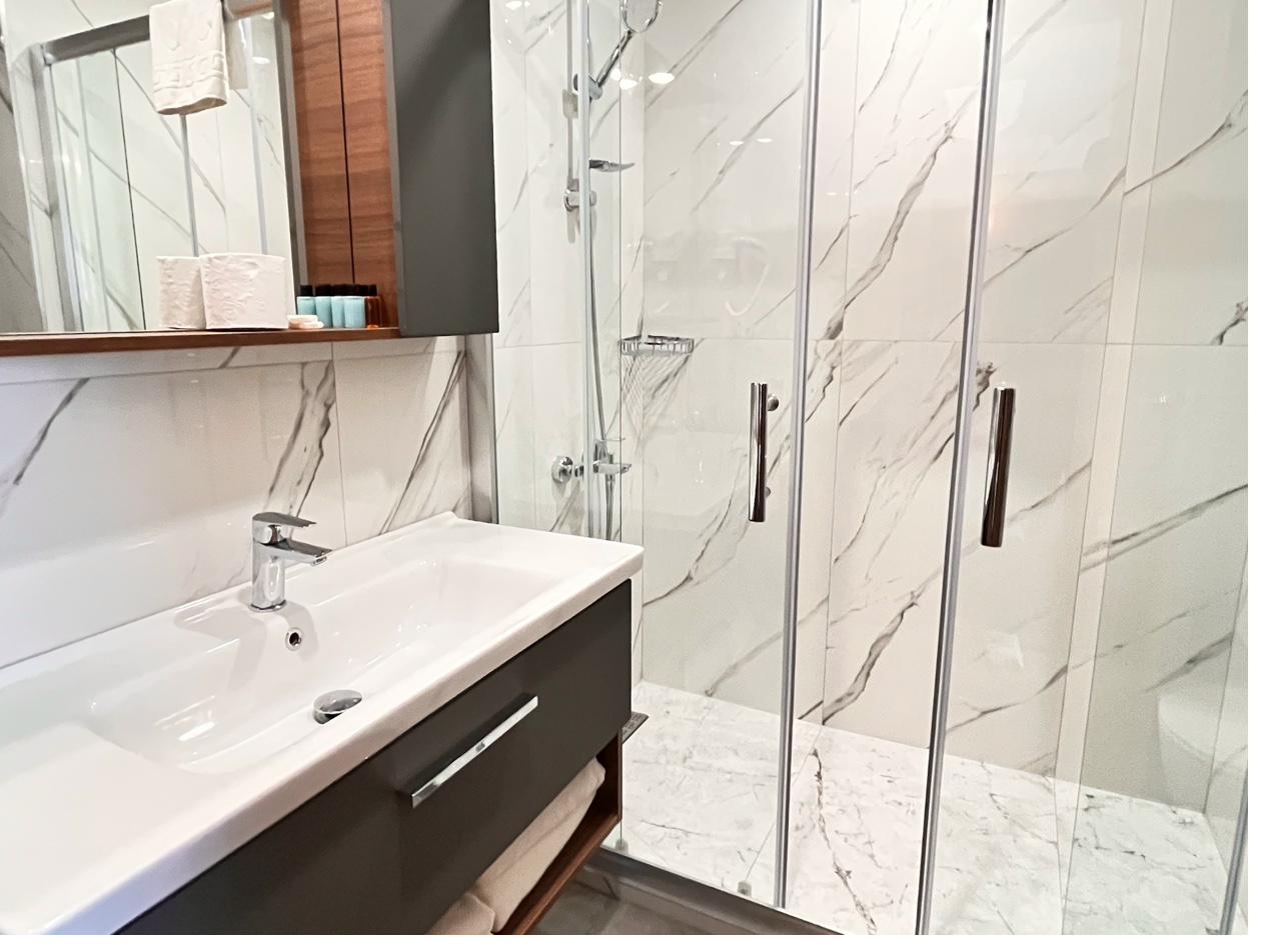 Balcony Sea View Room bathroom with glass shower and vessel sink